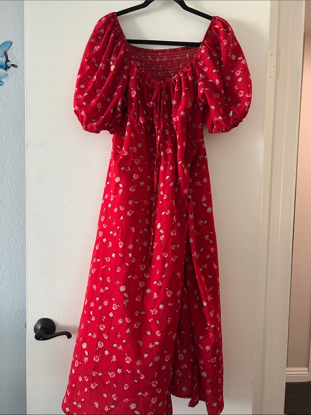 SHEIN Red Floral Puff-Sleeve Maxi Dress